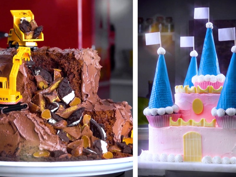 4 pasteles de chocolate en forma de castillo