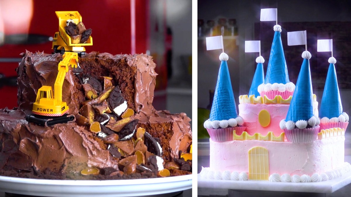 4 pasteles de chocolate en forma de castillo